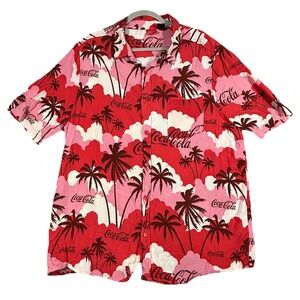 Coca Cola Shirt Men's S Short Sleeve‎ Button Front Red White Coke Rayon